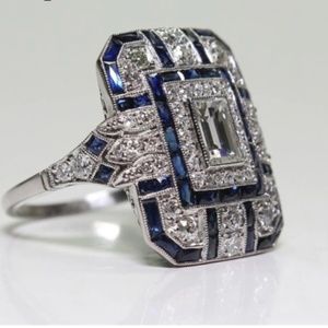 Art Deco Faux Blue Sapphire & Silver Ring Size 7